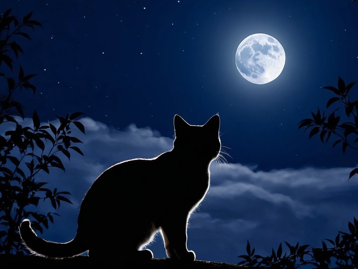 Cat Silhouette Against Full Moon and Starry Sky