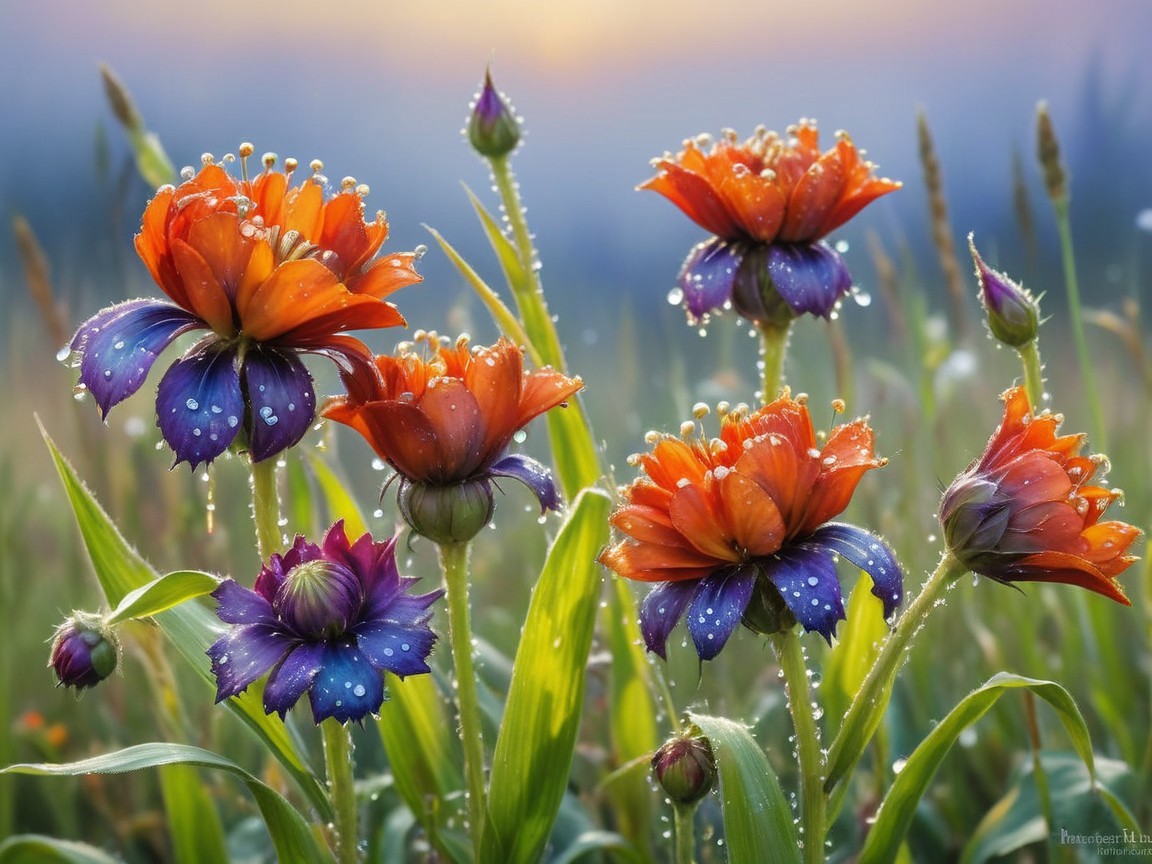 Vibrant Orange and Purple Flower Cluster with Dew