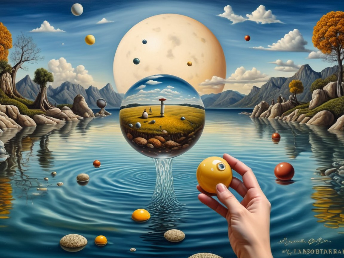 Surreal Landscape with Reflective Orb and Nature Elements