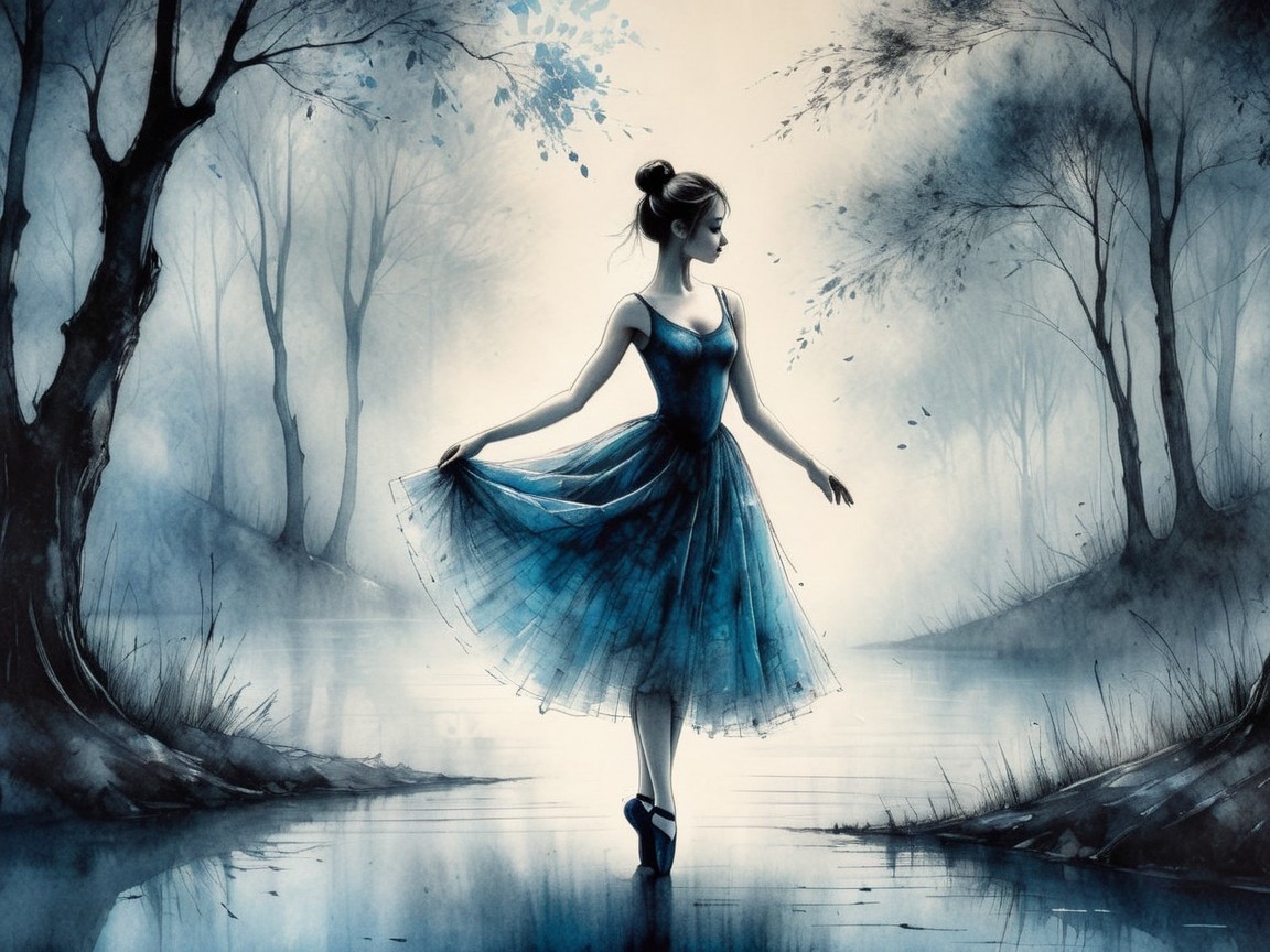 Ballerina in Blue Tutu by Misty River at Dusk