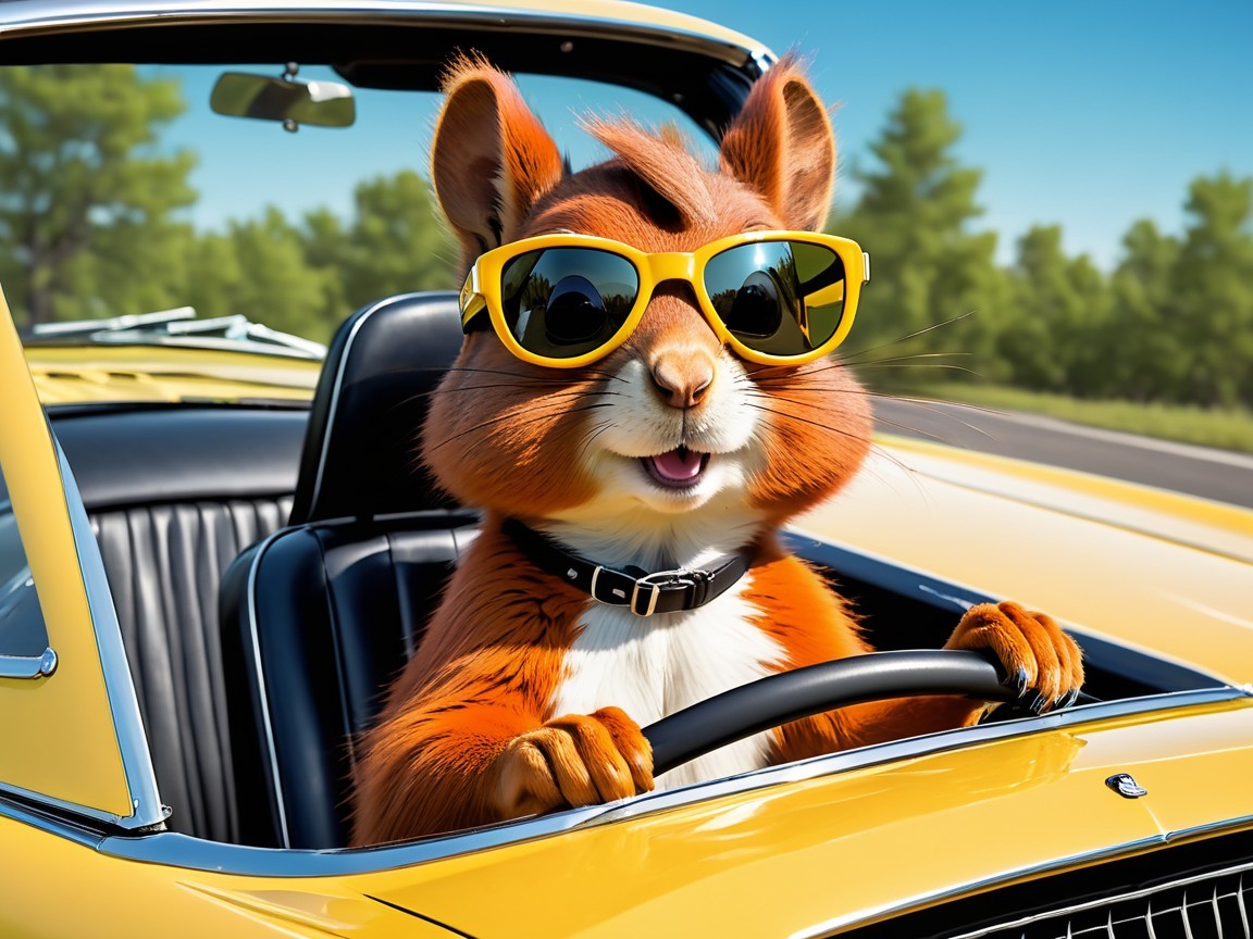 Cheerful squirrel in yellow convertible against blue sky
