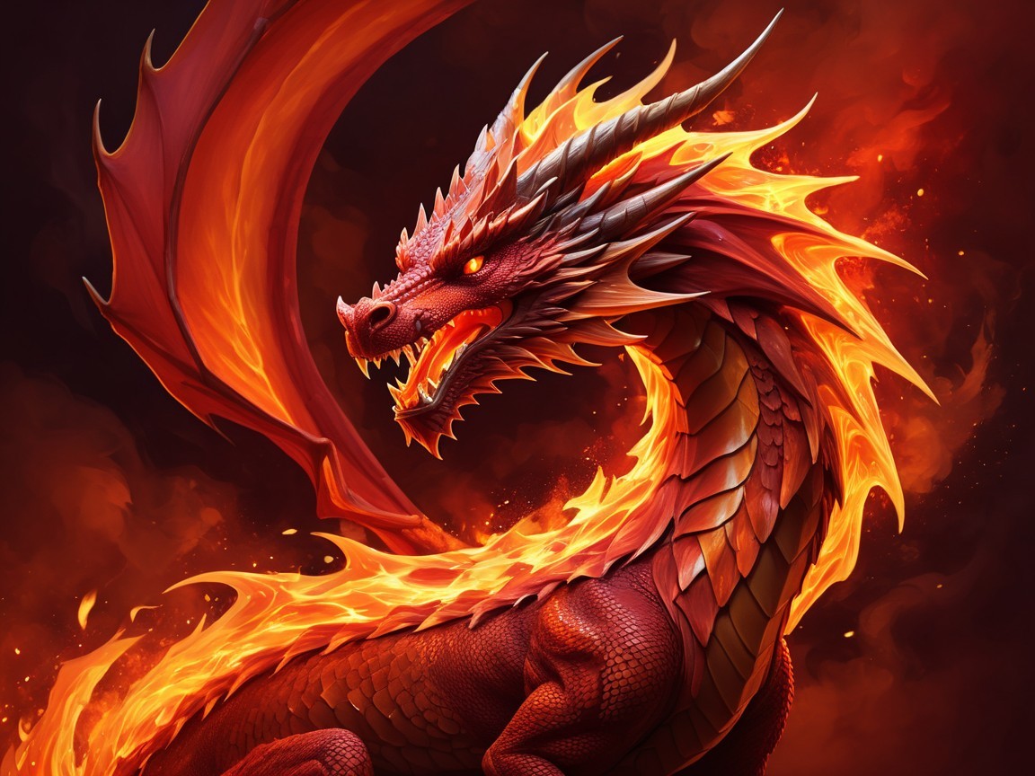 Majestic Red Dragon Surrounded by Fiery Flames