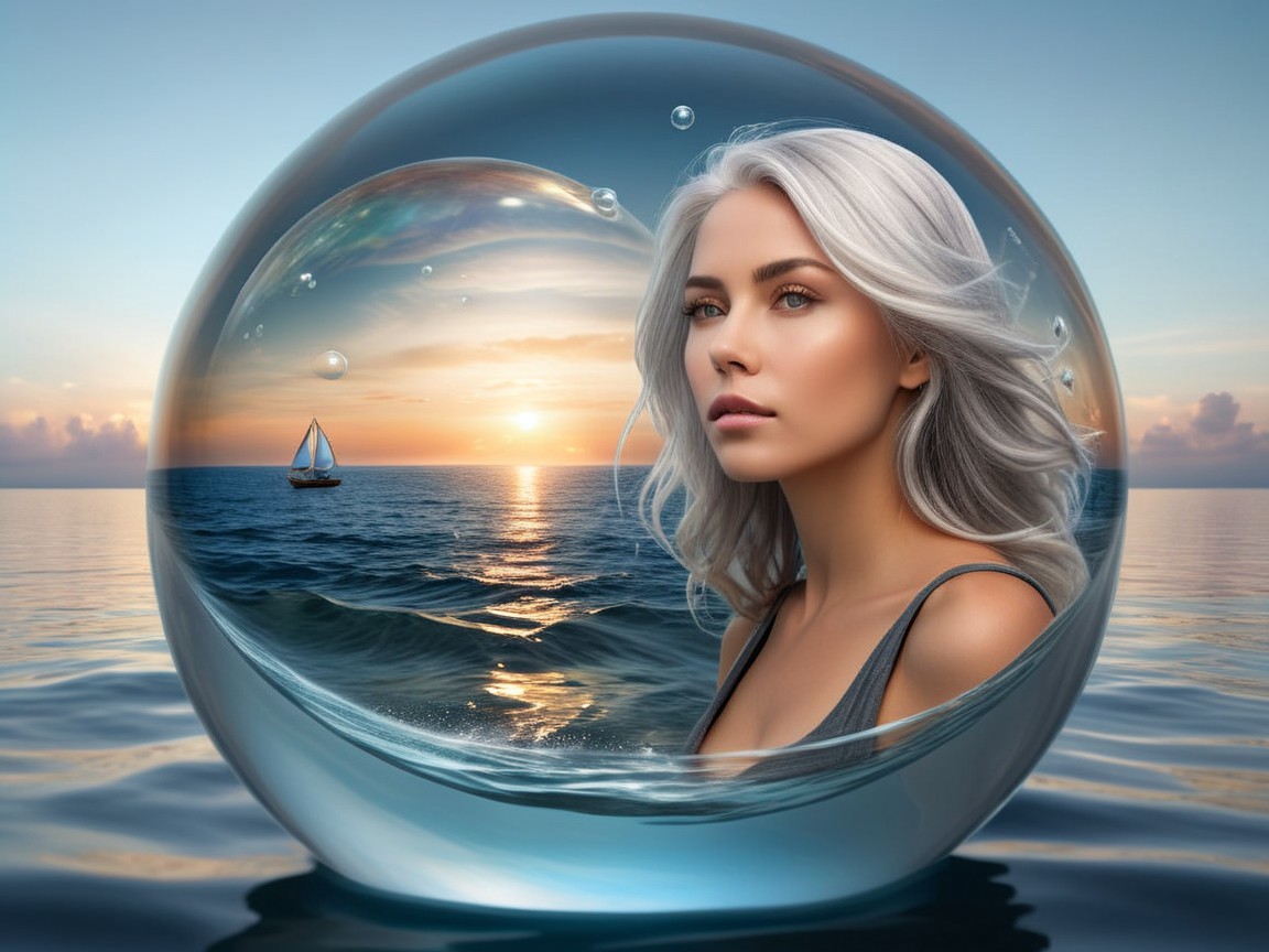 Woman in a bubble with serene seascape and sunset