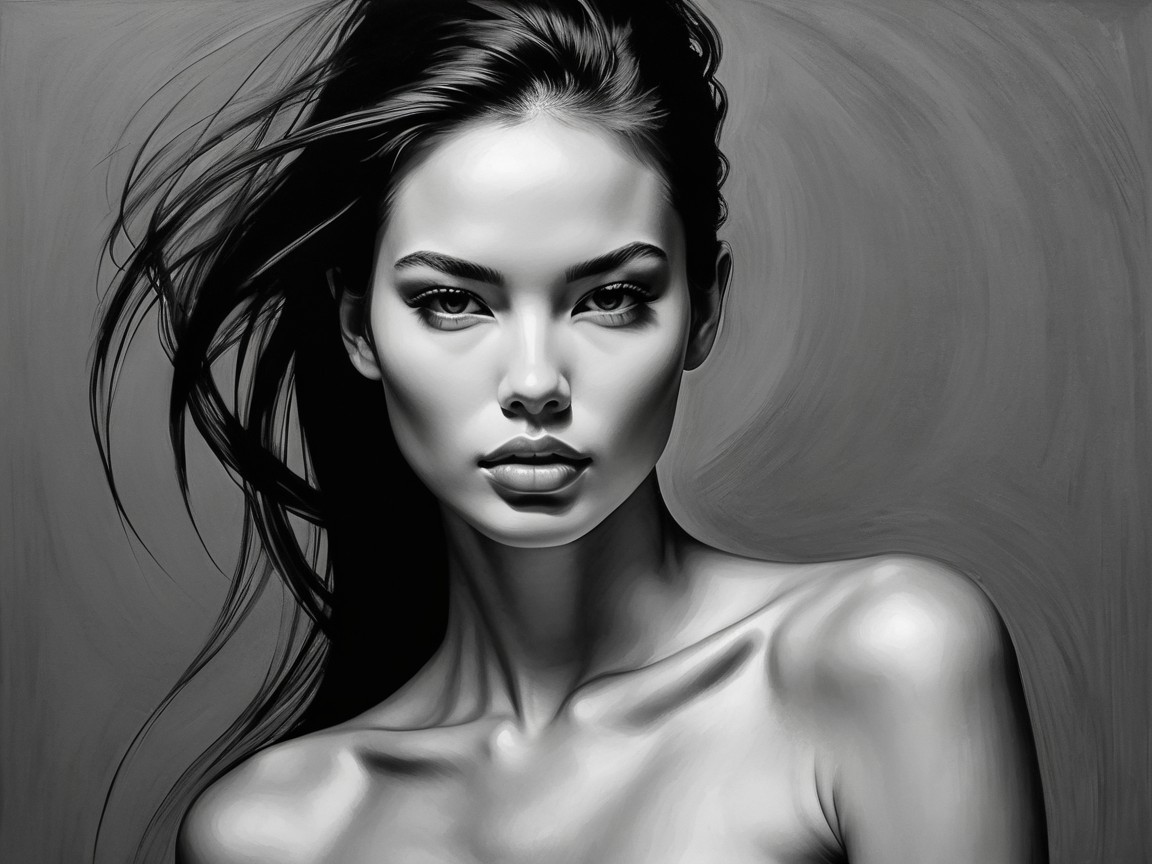 Black and white portrait of a woman with striking features
