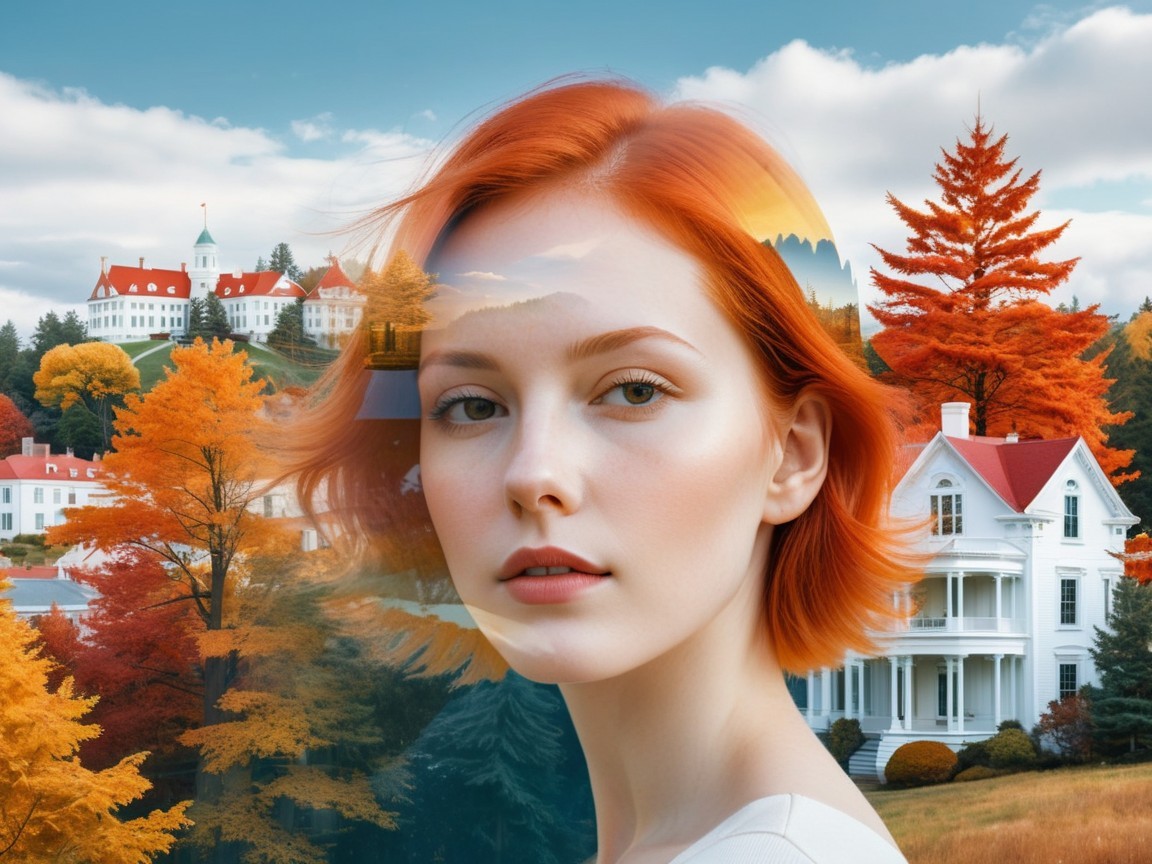 Portrait of a woman with orange hair in autumn landscape