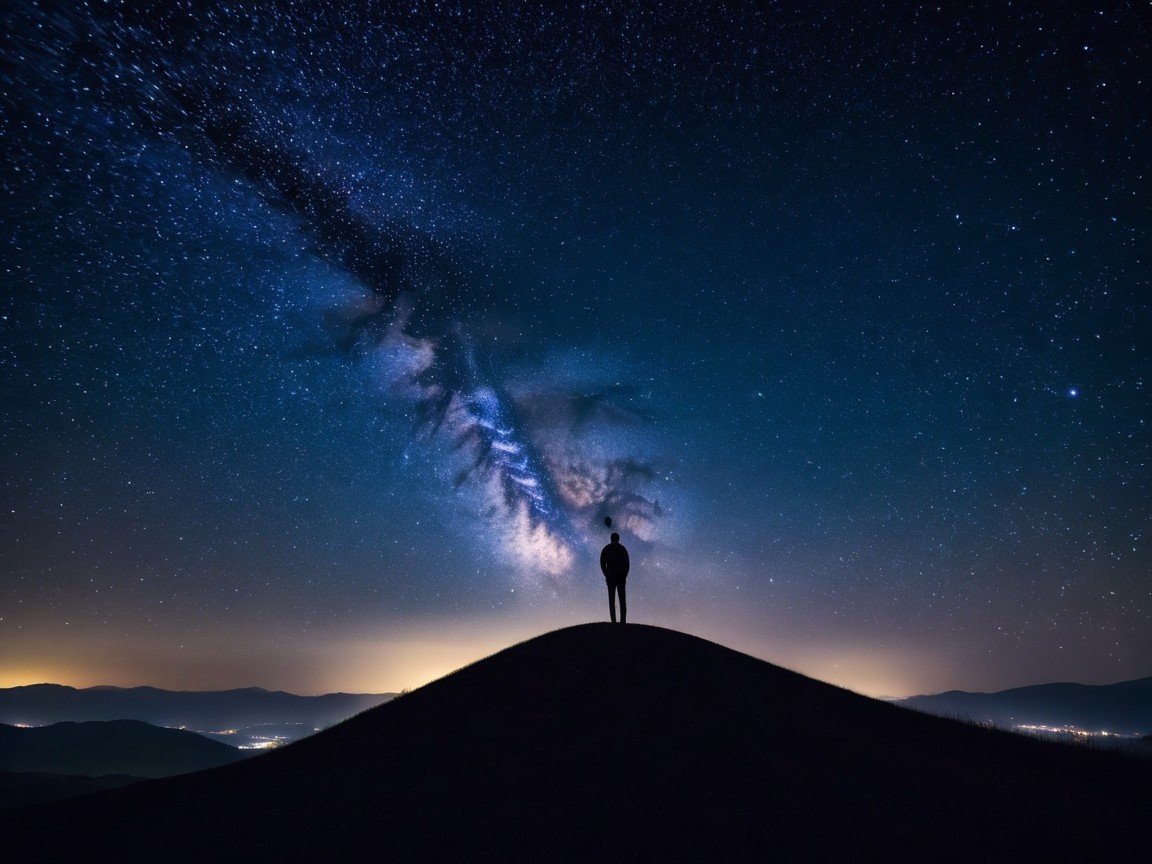 Solitary Figure on Hill Under Starry Night Sky