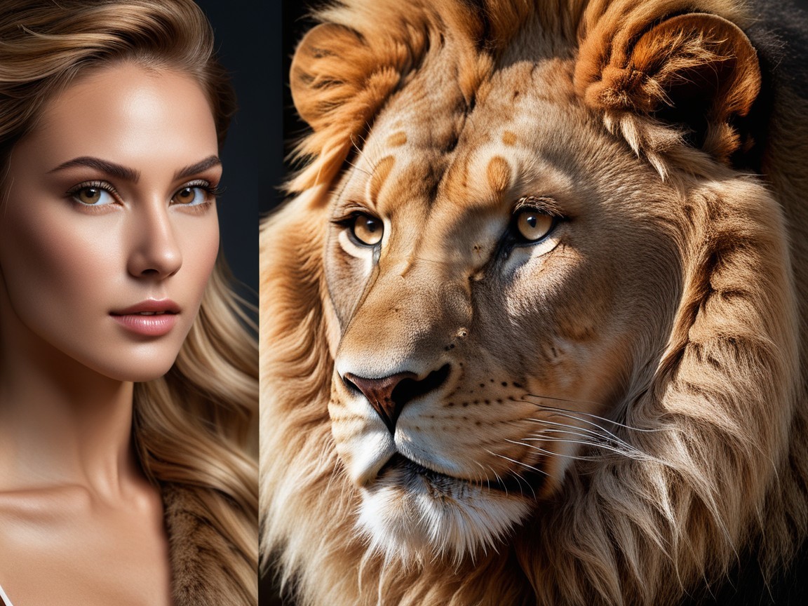 Portrait of a Woman and Lion in Striking Contrast