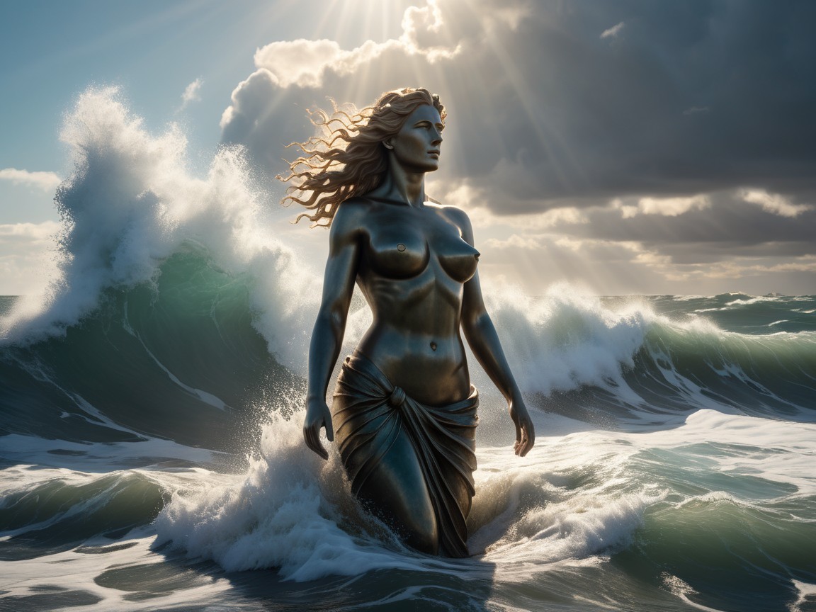 Bronze Statue of Woman in Ocean with Waves and Sunlight