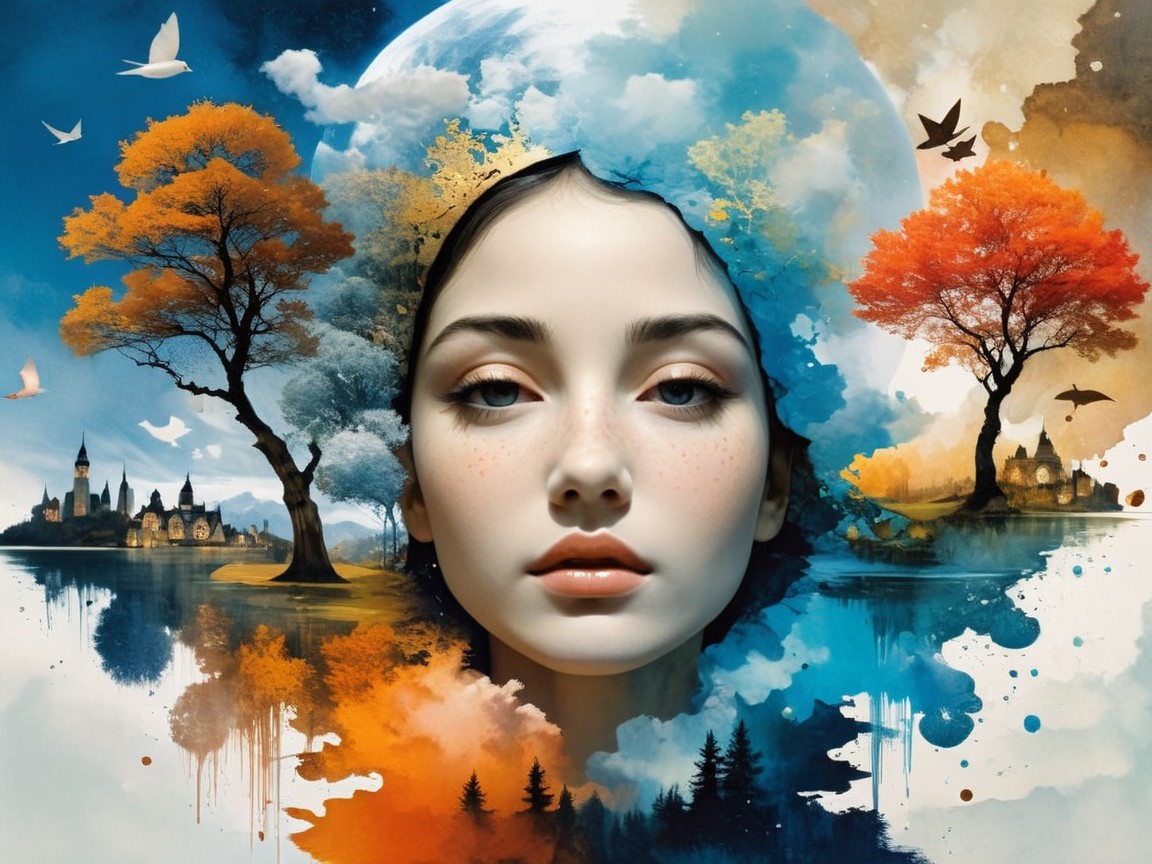 Surreal Portrait of Woman with Colorful Nature Elements