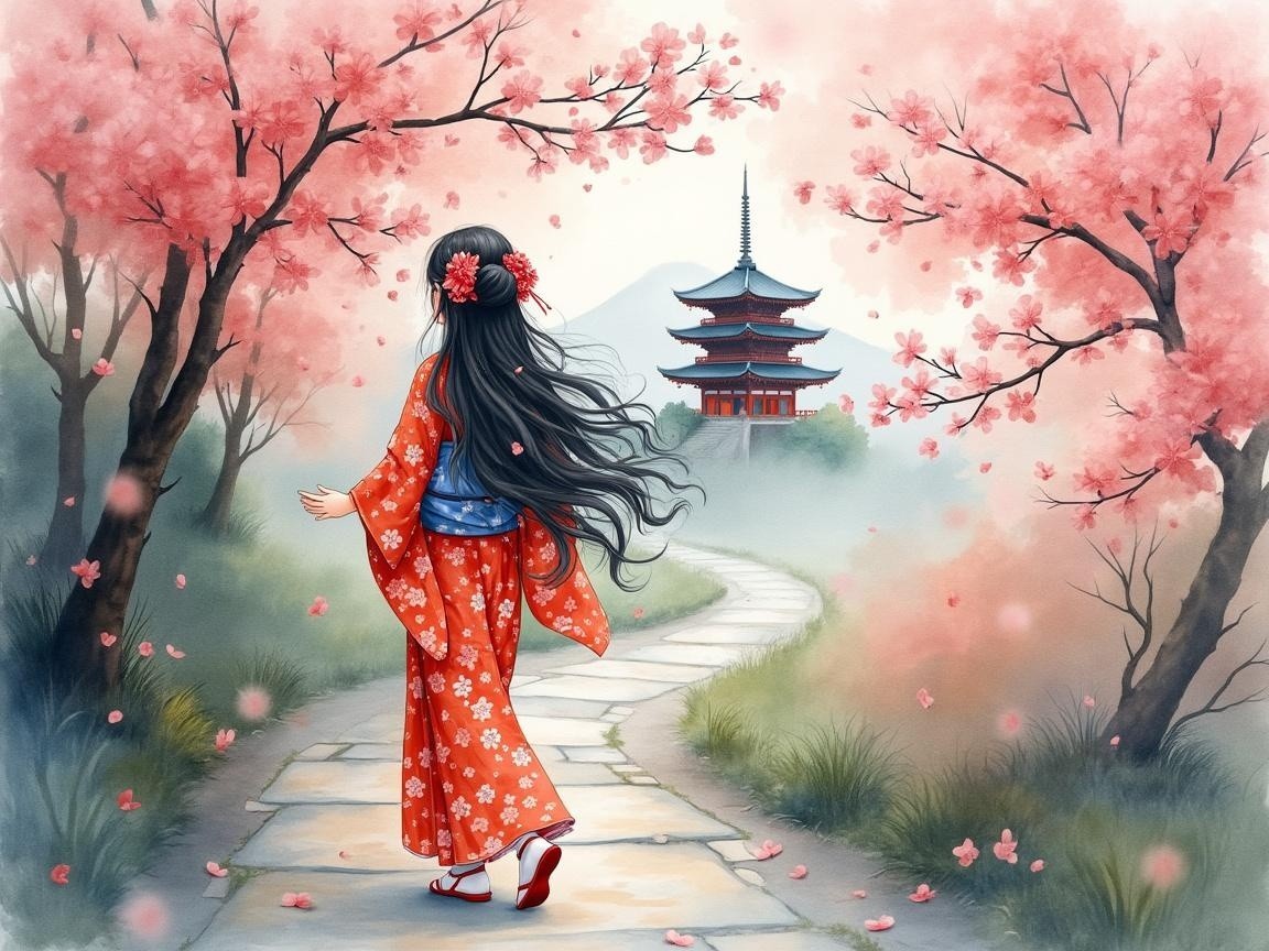 Young Woman in Orange Kimono Among Cherry Blossoms