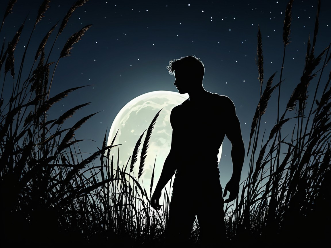 Silhouette of a Young Man in Tall Grass at Night