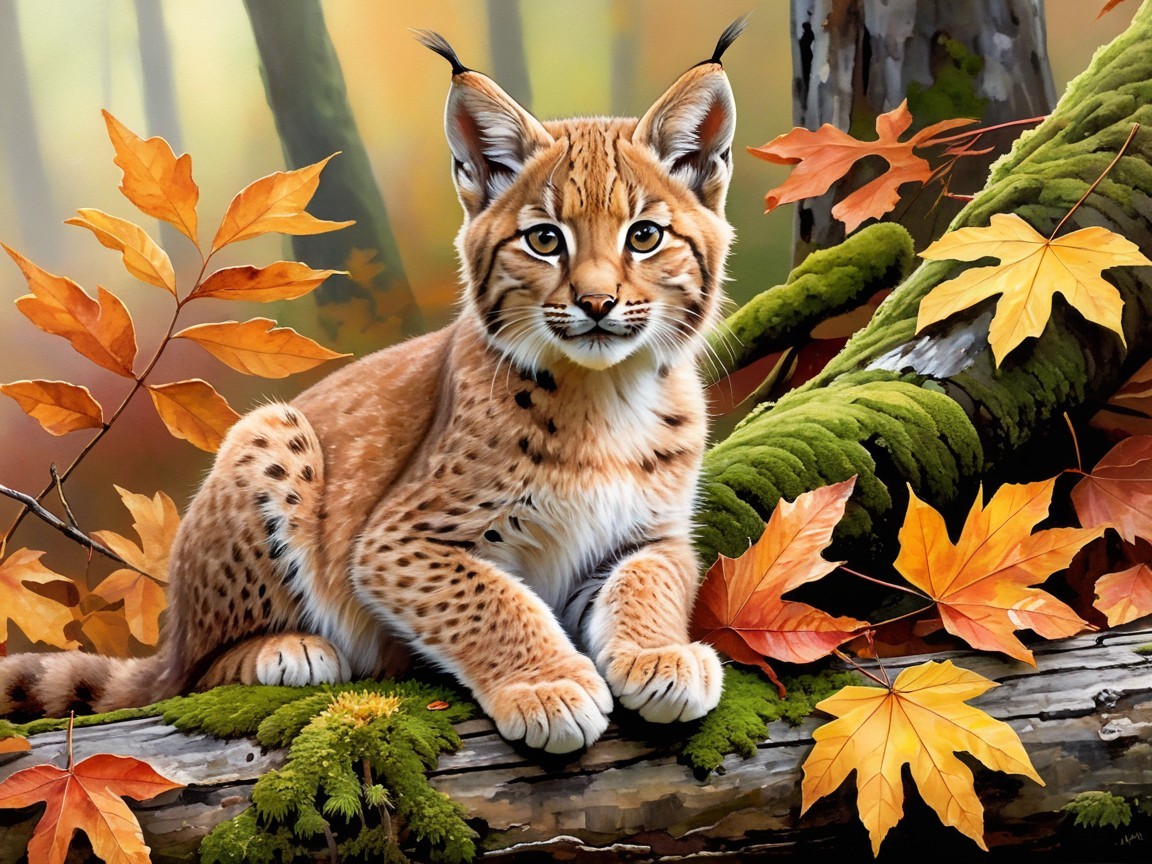 Lynx Resting on Moss Log in Autumn Woodland Scene