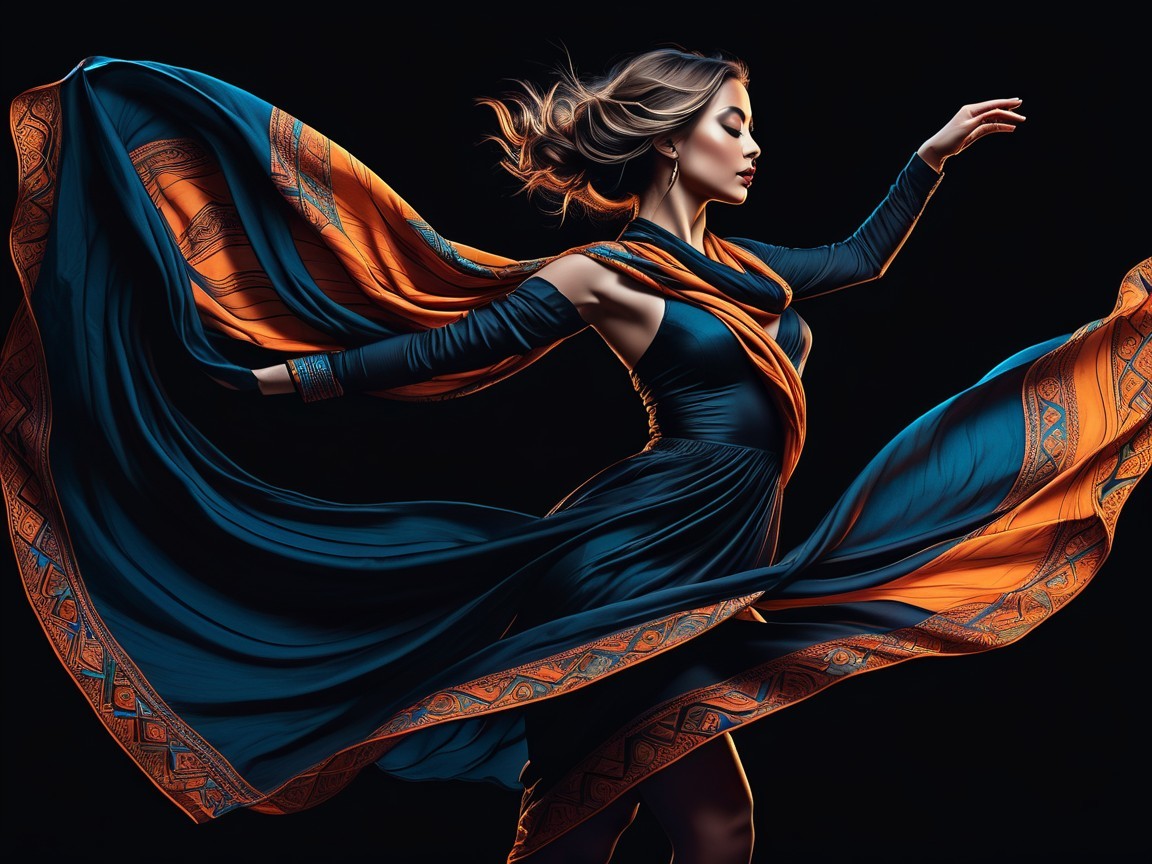 Elegant figure in vibrant dress against dark backdrop