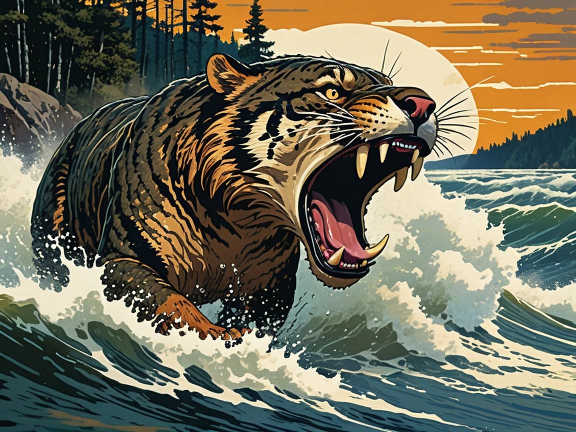 Tiger Roaring Amidst Waves at Sunset Scene