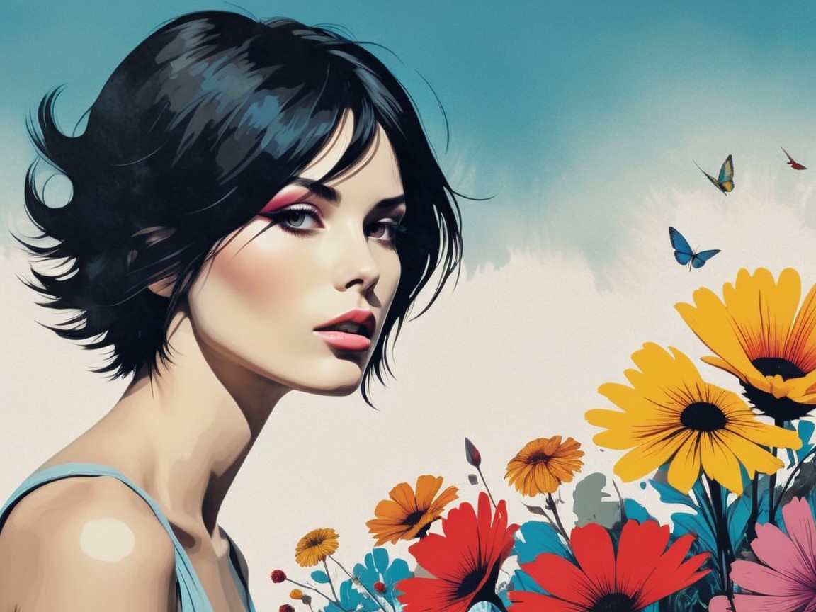 Portrait of a Woman Surrounded by Colorful Flowers