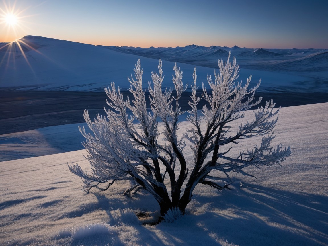 Frost-Covered Tree in Winter Landscape with Hills