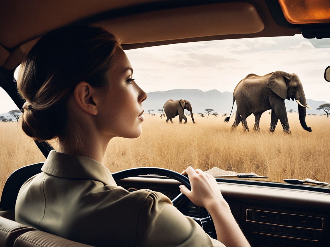 Woman Observing Elephants in African Landscape