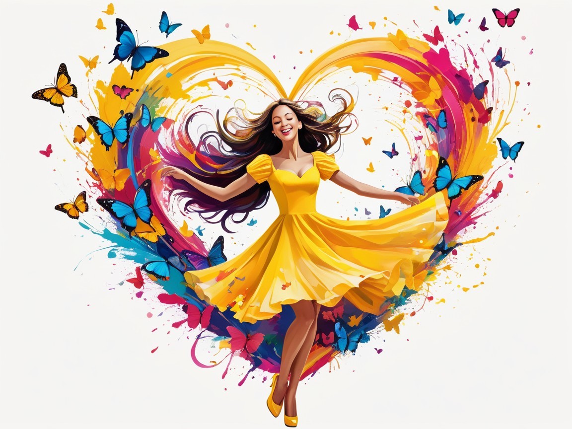 Joyful Woman in Yellow Dress Amidst Colorful Heart