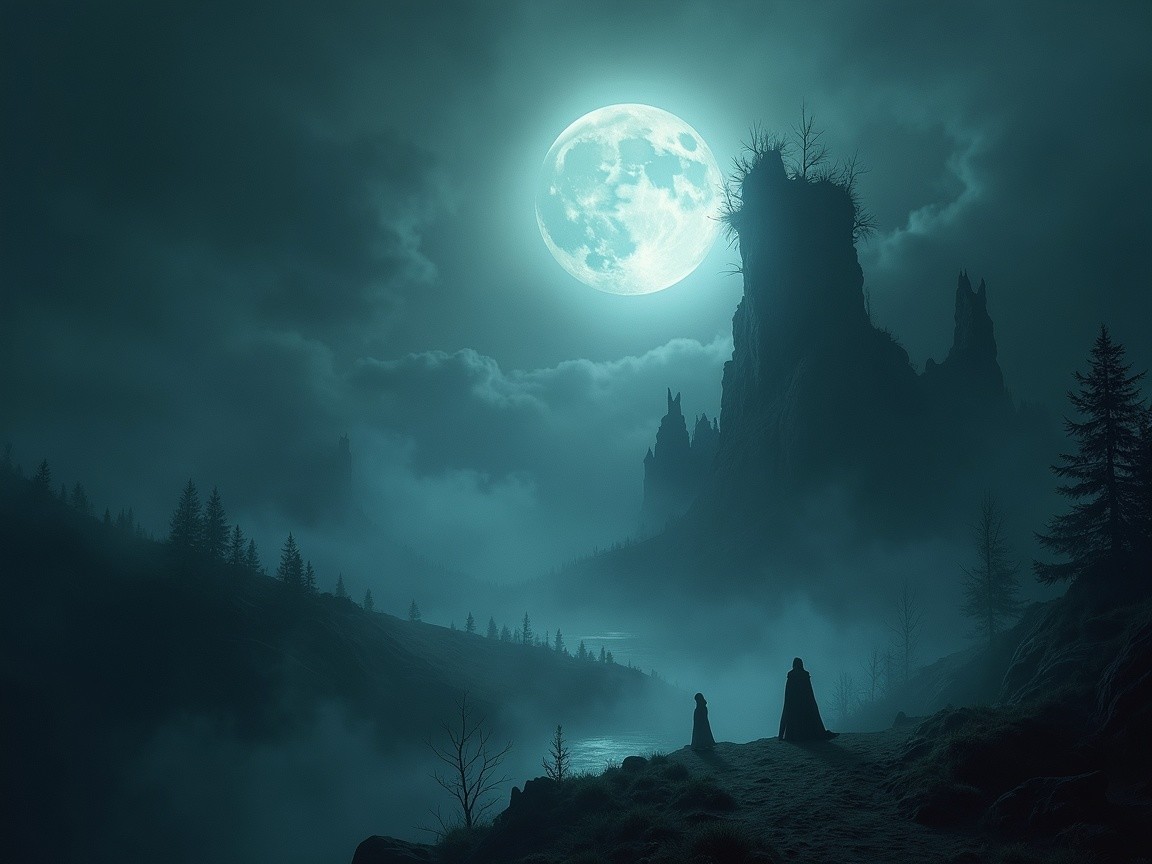 Serene Dark Landscape with Glowing Moon and Mountains