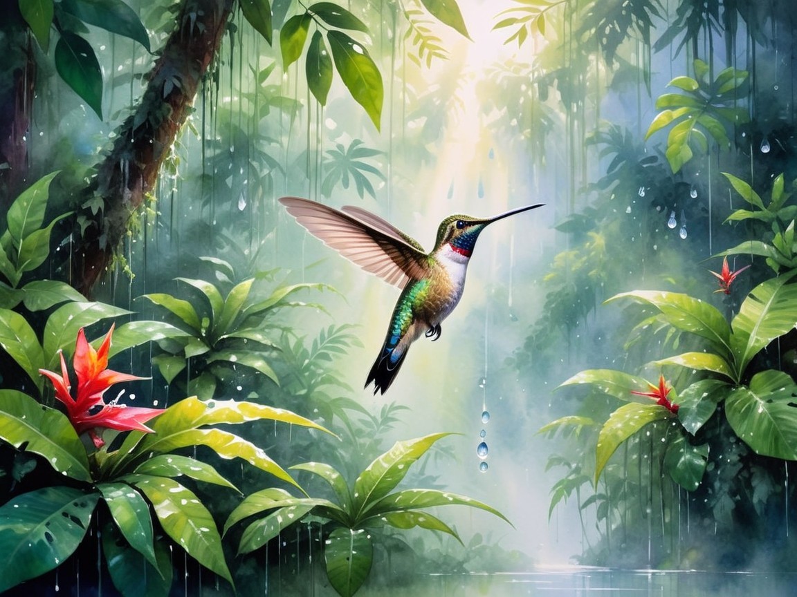 Hummingbird in a Lush Tropical Rainforest Scene