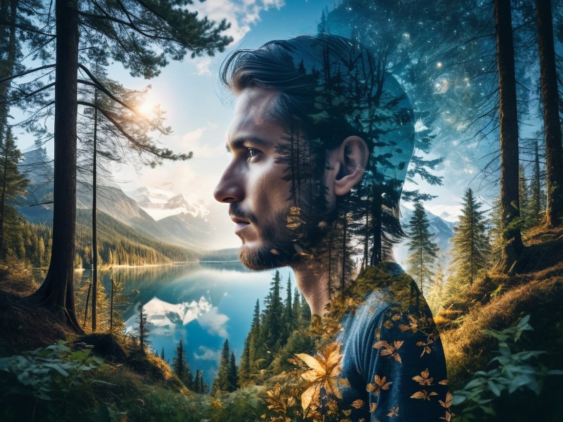 Double Exposure of Man and Serene Landscape