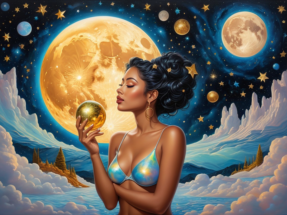 Cosmic Scene with Woman and Golden Orb in Night Sky
