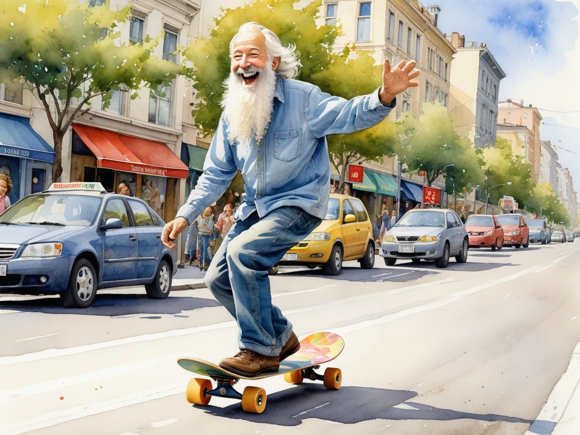 Elderly Man Joyfully Skating on Colorful Skateboard
