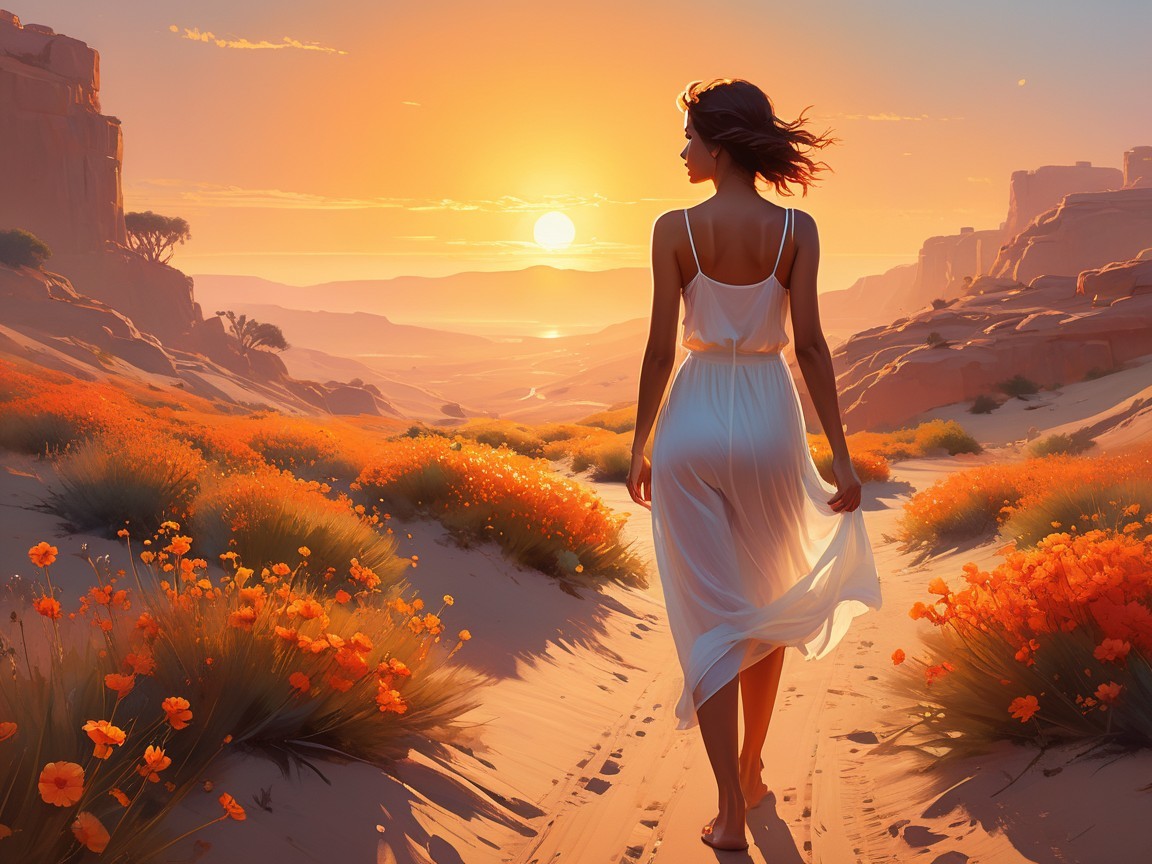 Woman in White Dress on Sandy Path at Sunset