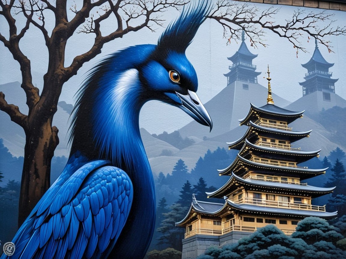 Mural Depicting Blue Peacock and Pagoda in Nature