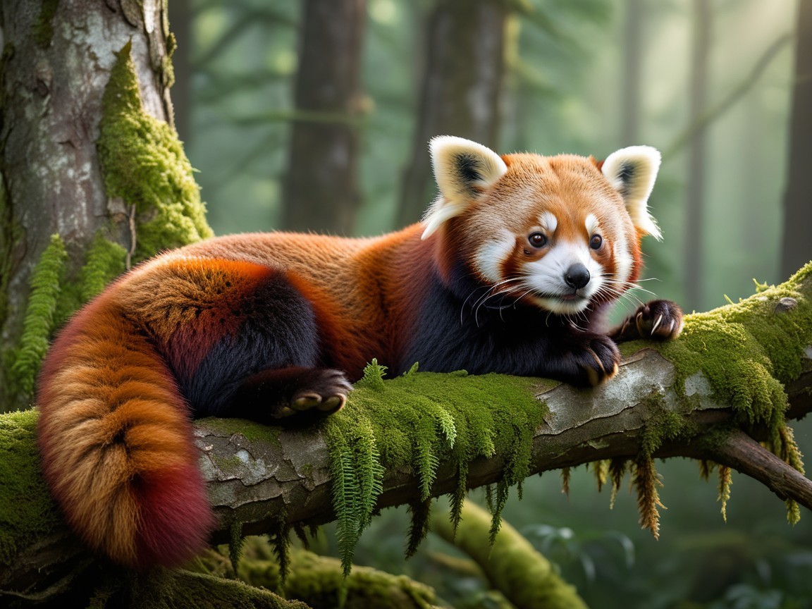Red panda resting on a mossy branch in a forest