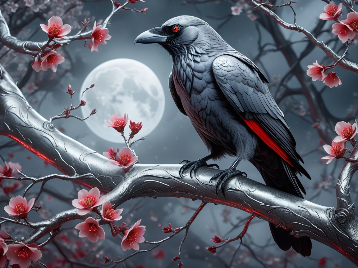 Raven on Silver Branch with Cherry Blossoms and Moon