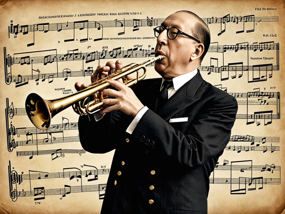 Man in Black Suit Plays Trumpet with Vintage Sheet Music