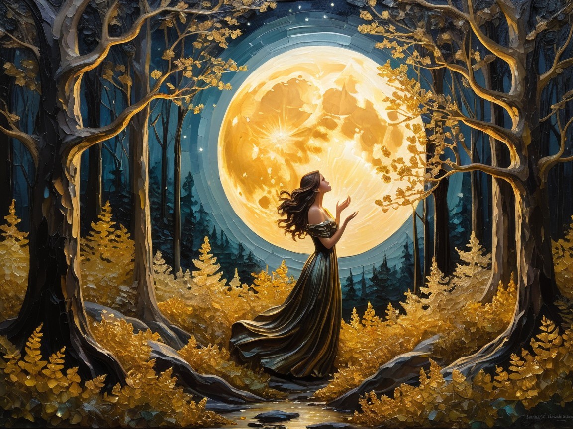 Woman in Black Gown Under Golden Moon in Forest