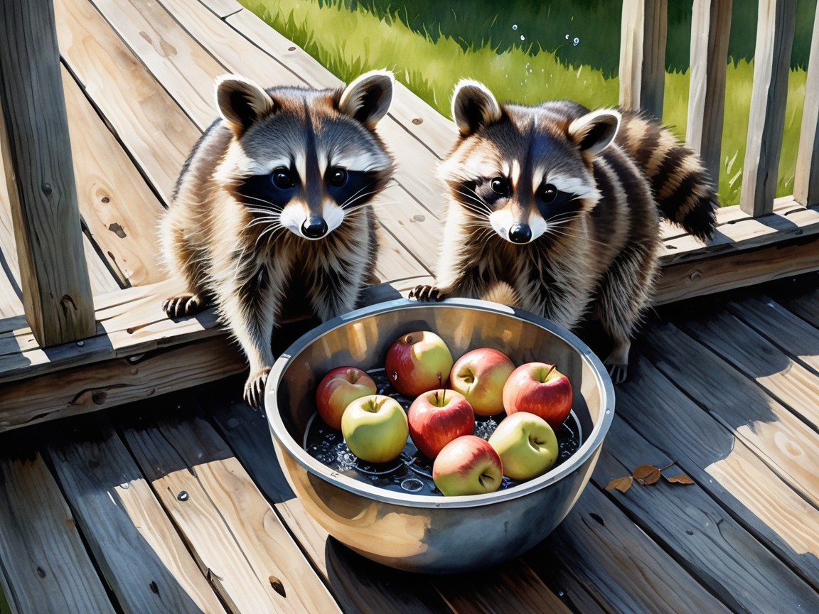 Raccoons Observing Apples on a Wooden Deck