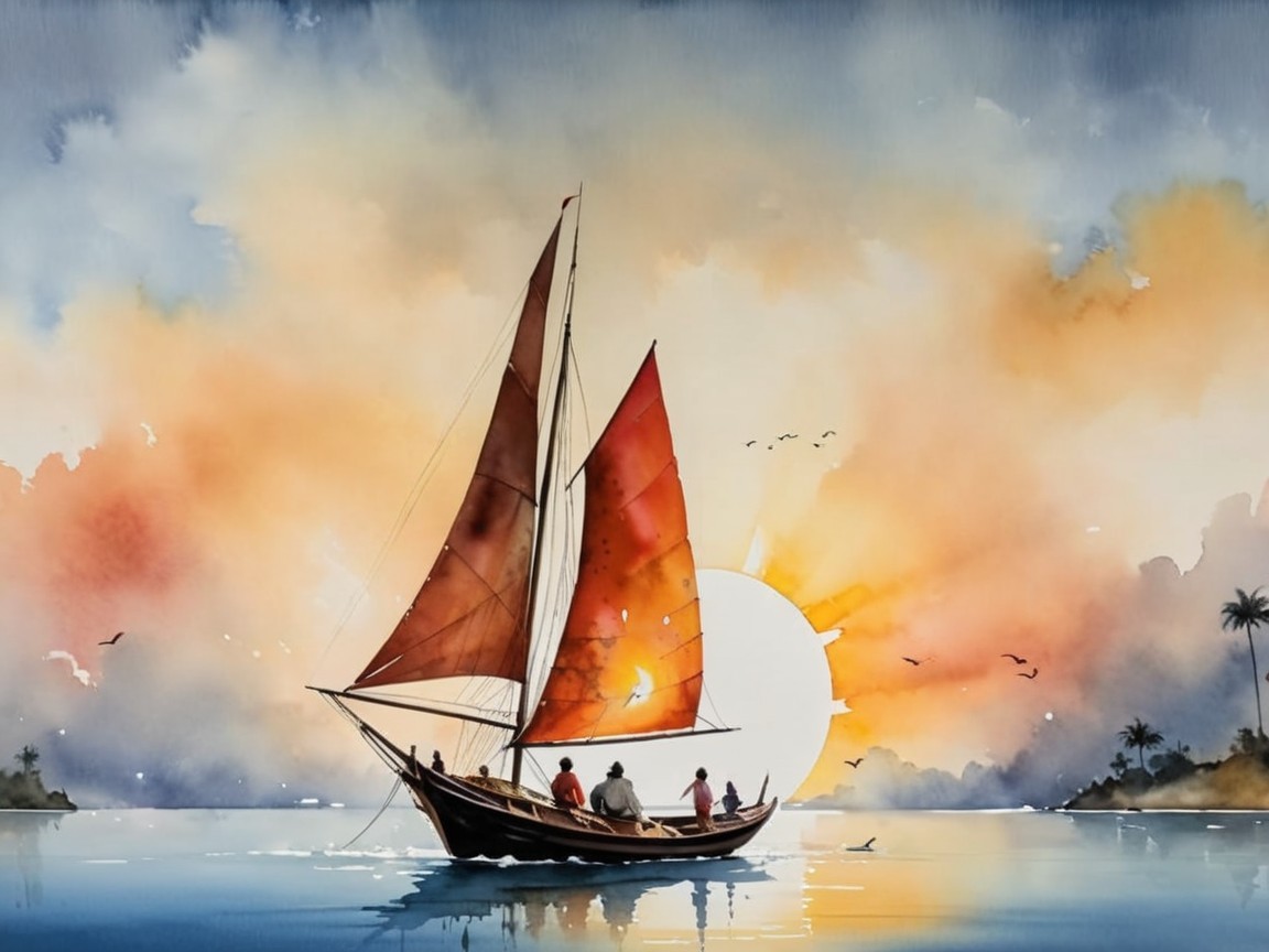 Vibrant Watercolor of Sailing Boat at Sunset
