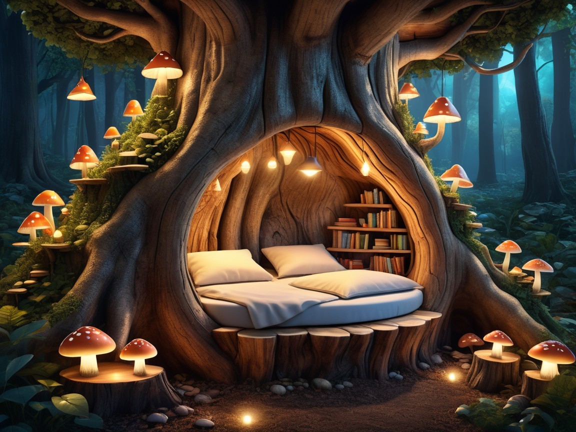 Cozy nook inside a large tree trunk in a forest