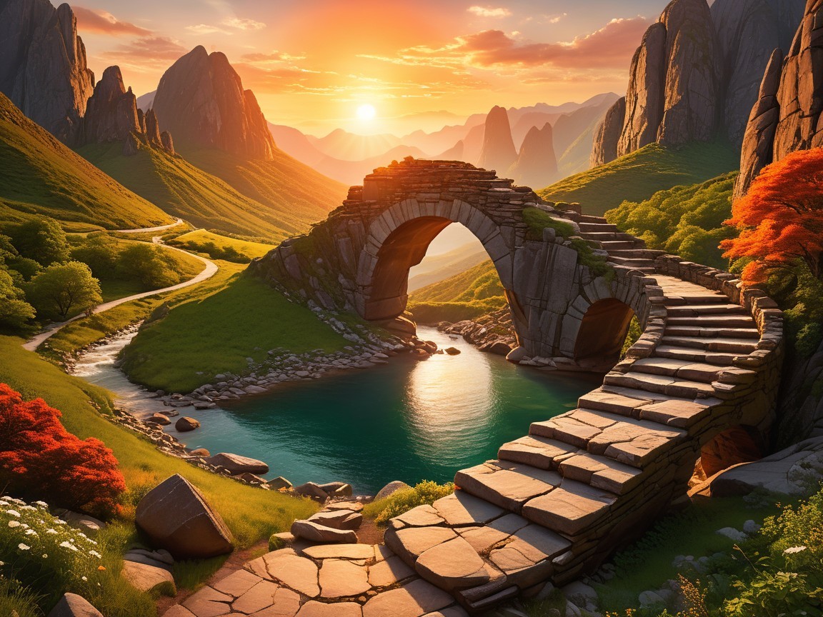 Serene River and Stone Bridge in Autumn Landscape