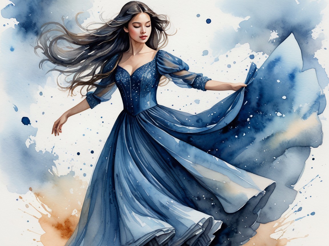 Graceful Woman in Flowing Blue Gown with Watercolor Background