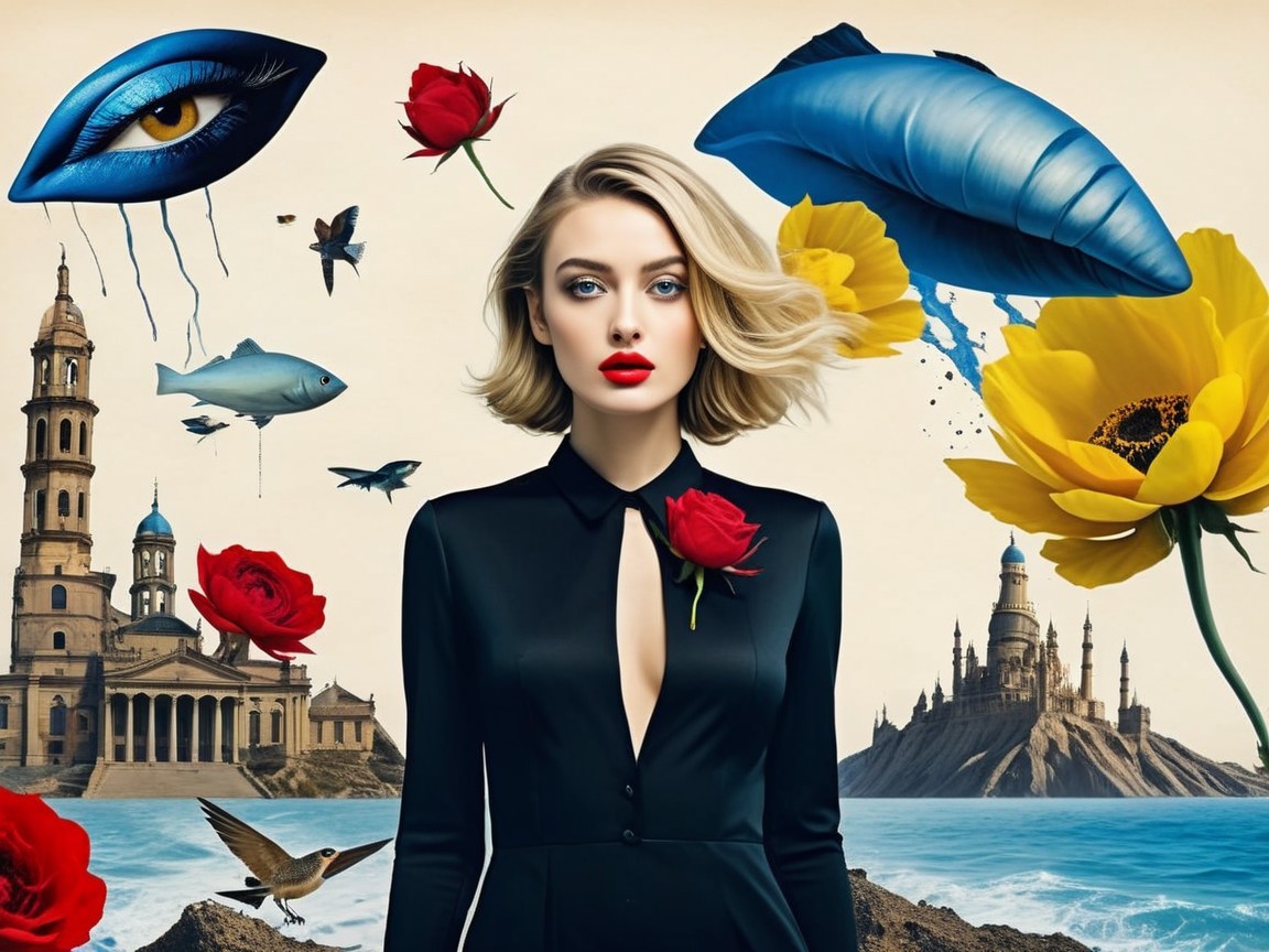 Surreal Composition with Model in Black Dress and Nature