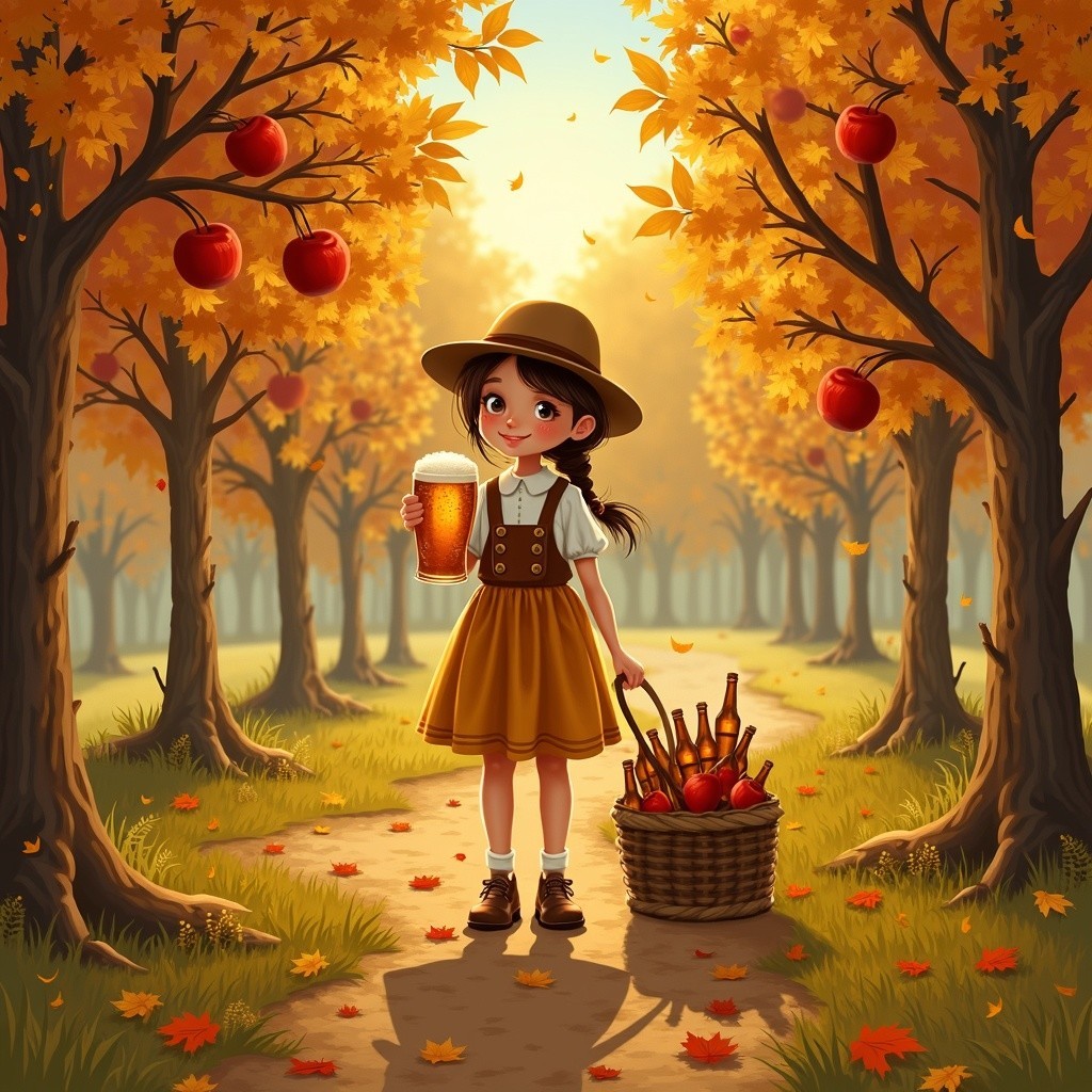Young girl on autumn path with apples and beer