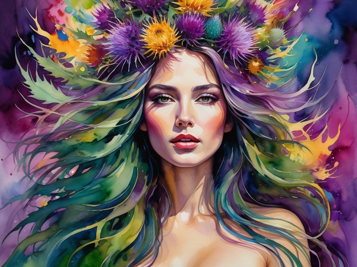 Watercolor Portrait of a Woman with Flowers and Nature
