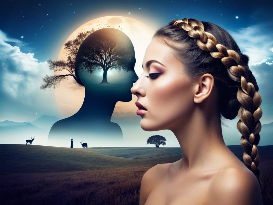 Serene Woman in Braids with Mystical Landscape Backdrop