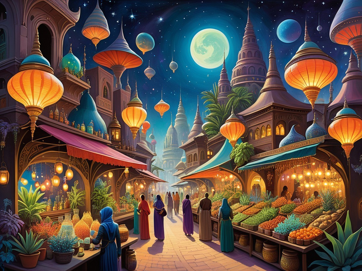Vibrant Market Scene with Lanterns and Traditional Attire