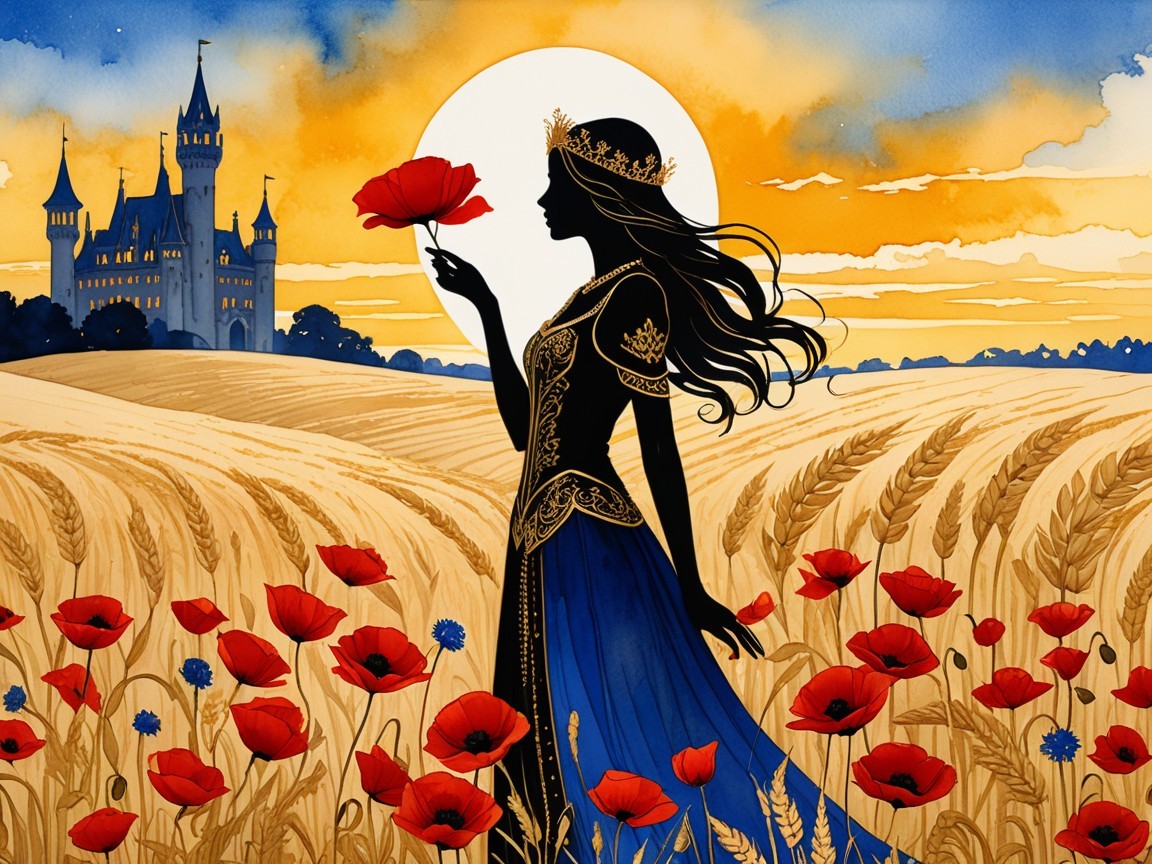 Silhouette in Gown Amidst Poppies at Sunset
