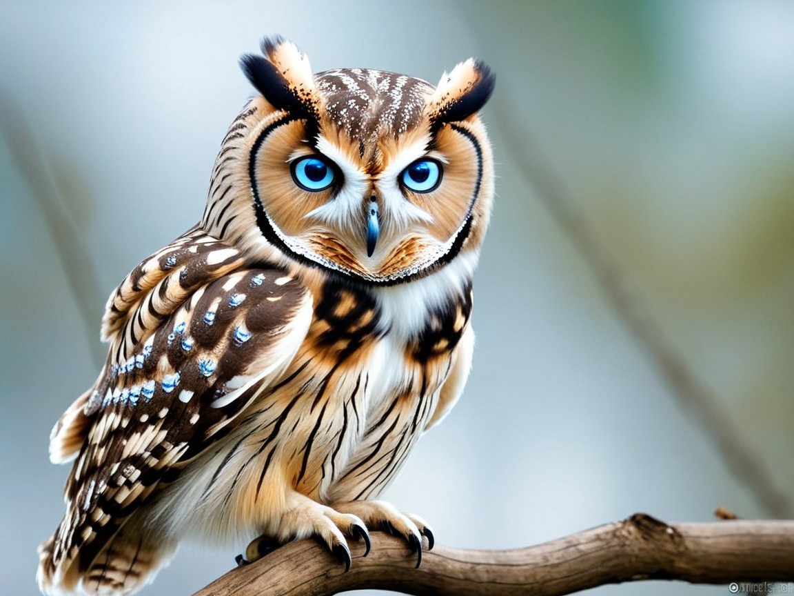 Owl on Branch with Detailed Plumage and Blue Eyes