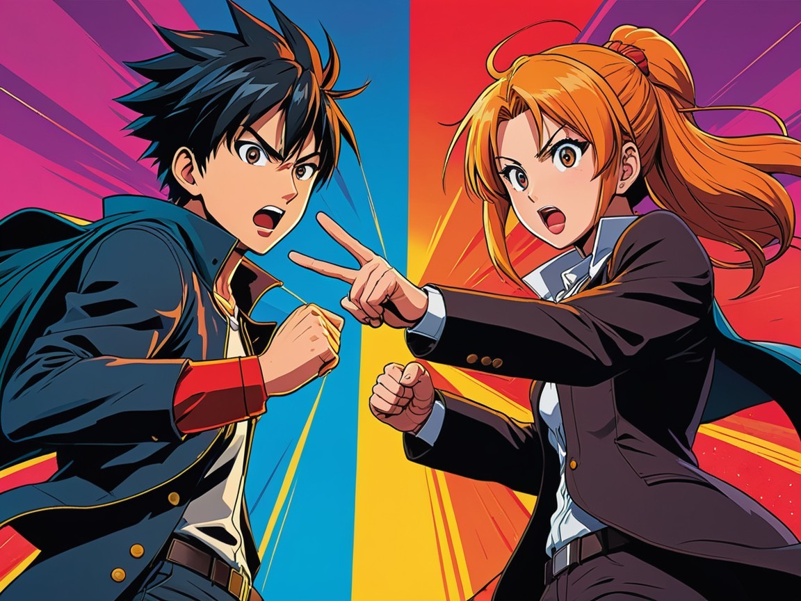 Anime Characters in Distinctive Outfits Facing Off