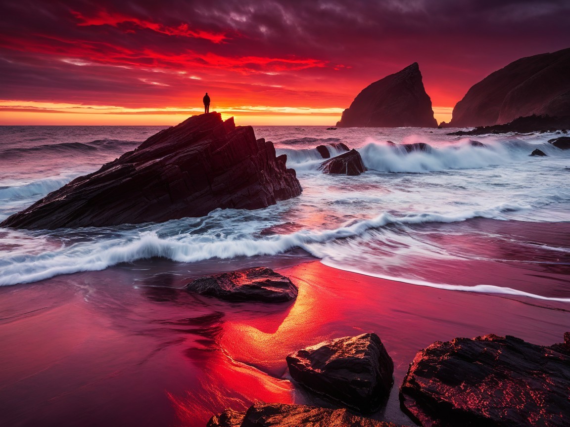 Silhouetted Figure on Jagged Rock at Sunset
