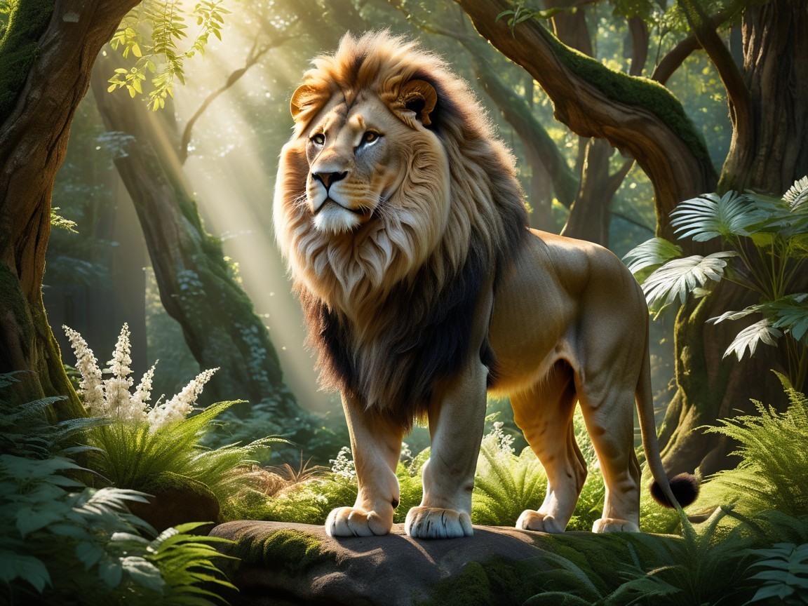 Lion on Moss-Covered Rock in Lush Forest Setting