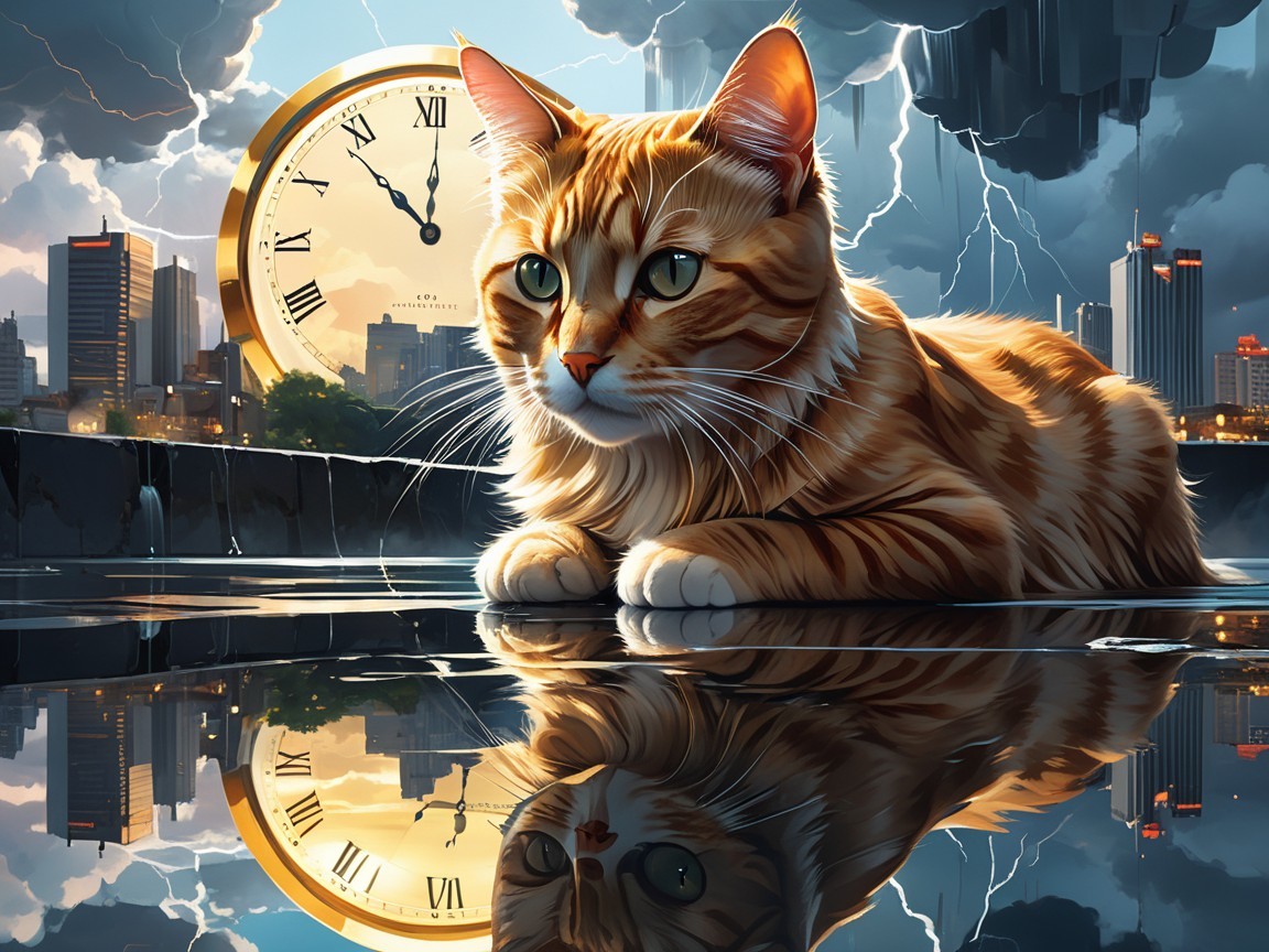 Orange Tabby Cat Reflecting in Dramatic Skyline Scene