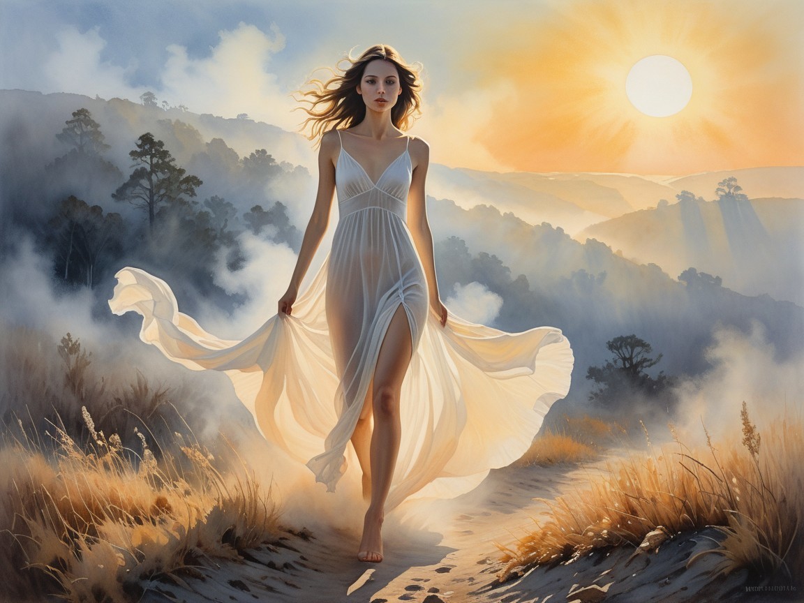 Serene Sunrise Landscape with Woman in White Dress